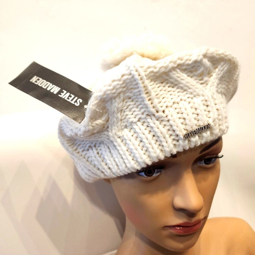 Steven Madden New Off White Winter Beret Hat  Pom‎ Pom One Size NWT